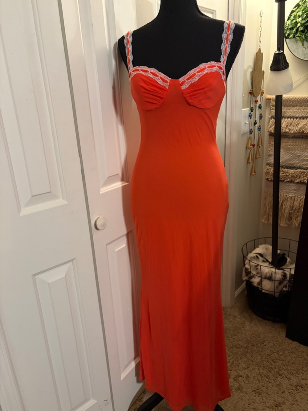 Saints + Secrets Red Orange Lace-Trim Maxi Dress with Sweetheart Bust